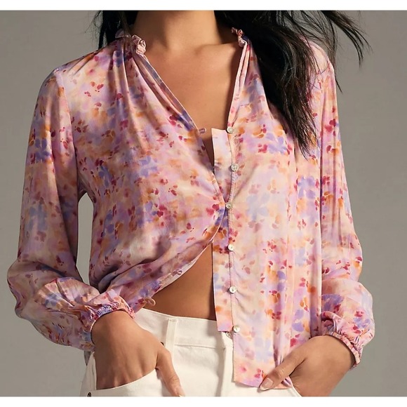 Anthropologie Tops - Anthro Cloth & Stone Ruffle Neck Button Down Blouse Size M Pink Abstract Floral